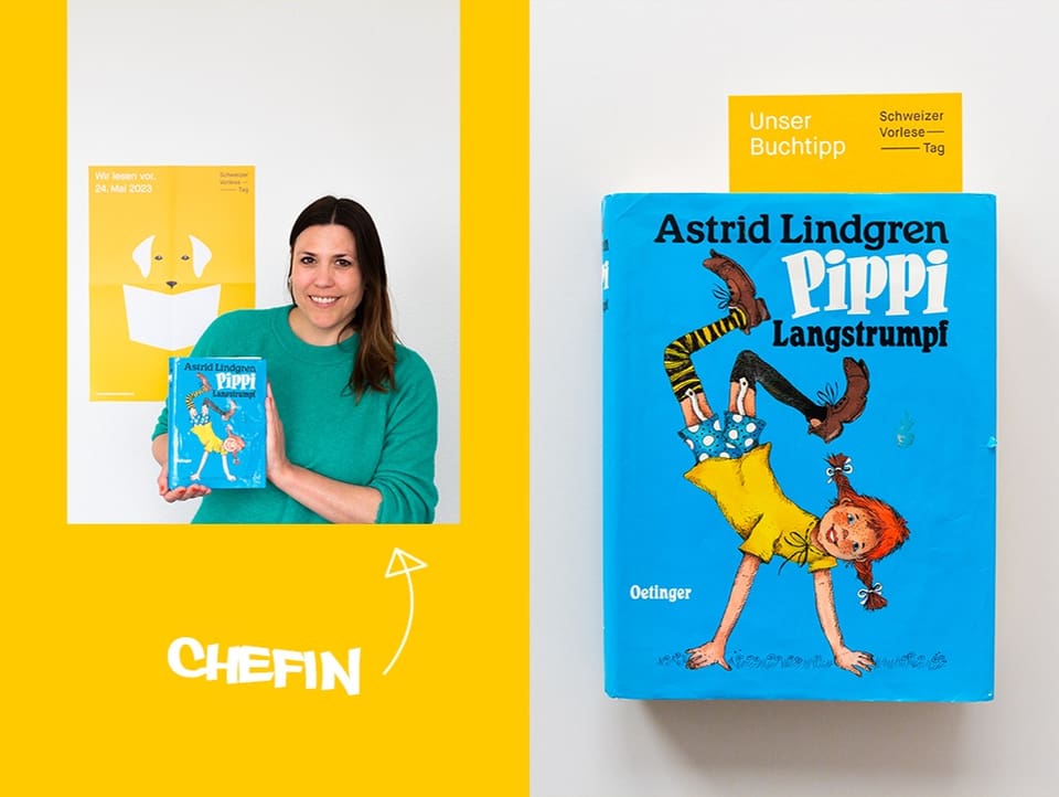 Pippi Langstrumpf Andrea mit Buch in der Hand.