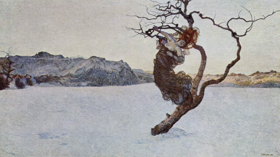 Ein Bild zeigt eine wilde Frau mit entblösster Brust, an einen kargen Ast hängend angelehnt.