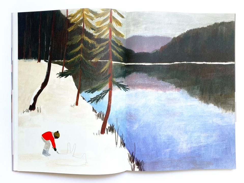 Zeichnung eines Kindes, das neben einem Bergsee die Umrisse eines Pferds auf den Uferboden malt.