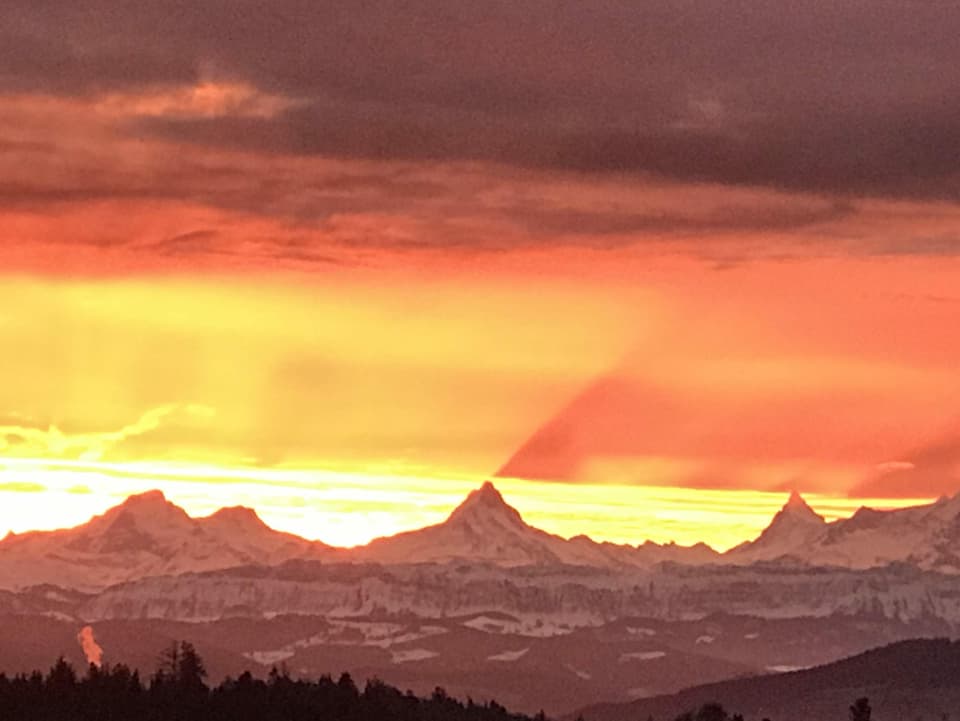 Die Sonne geht über den Berner Alpen auf, die Sonntrahlen färben dabei den Himmel orange bis rot.