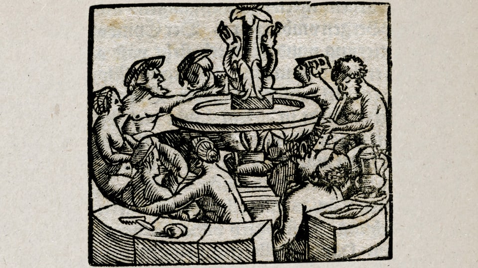 Alter Holzschnitte: Nackte Männer und Frauen sitzen um einen Brunnen.