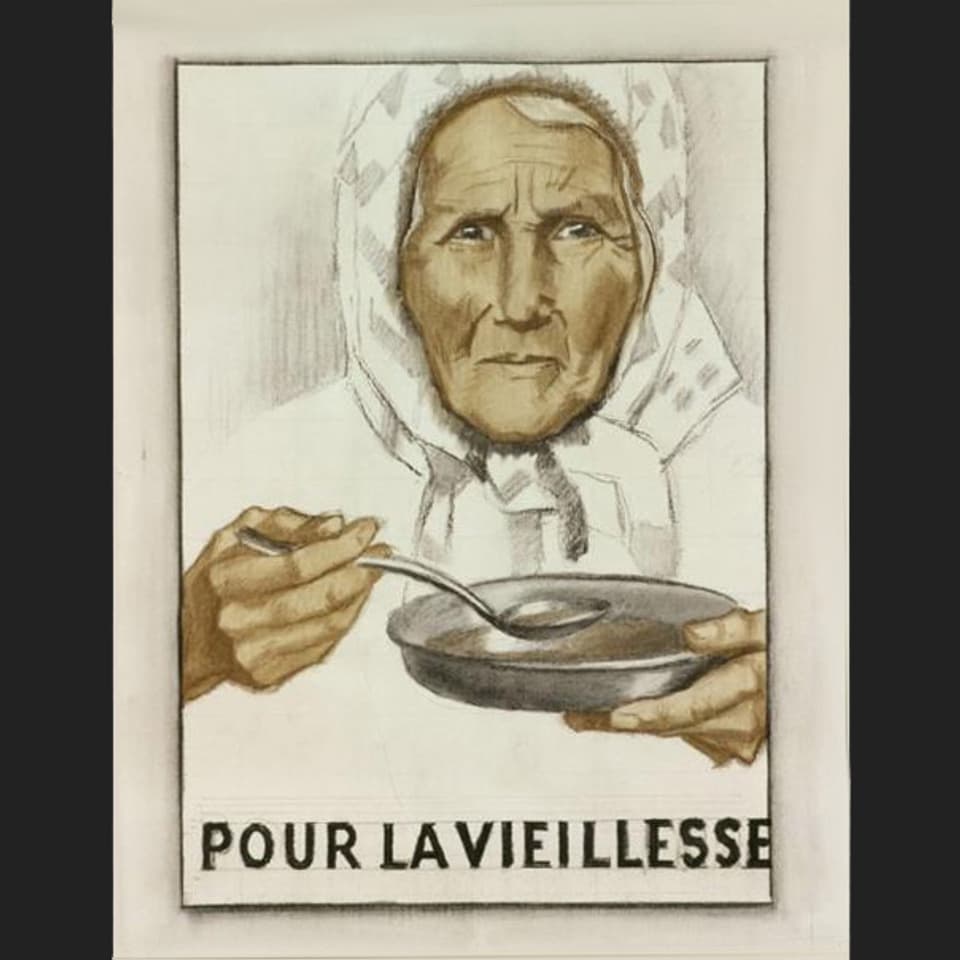 Illustration von einer alten Frau, die ein Teller Suppe isst.