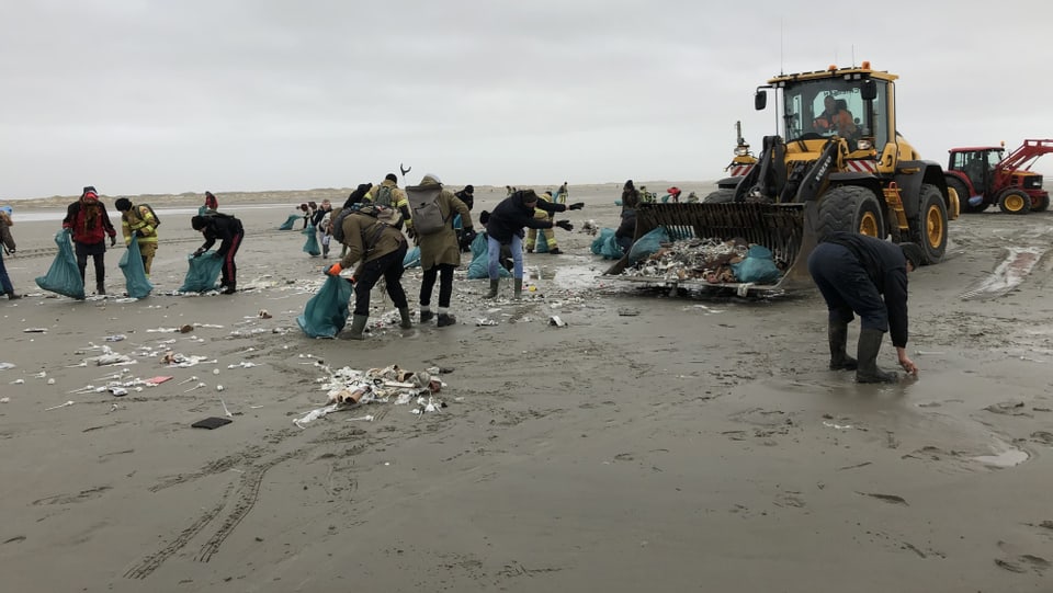 Zahlreiche Menschen und ein Bagger sammeln Müll am Strand der Watteninsel Schiermonnikoog.
