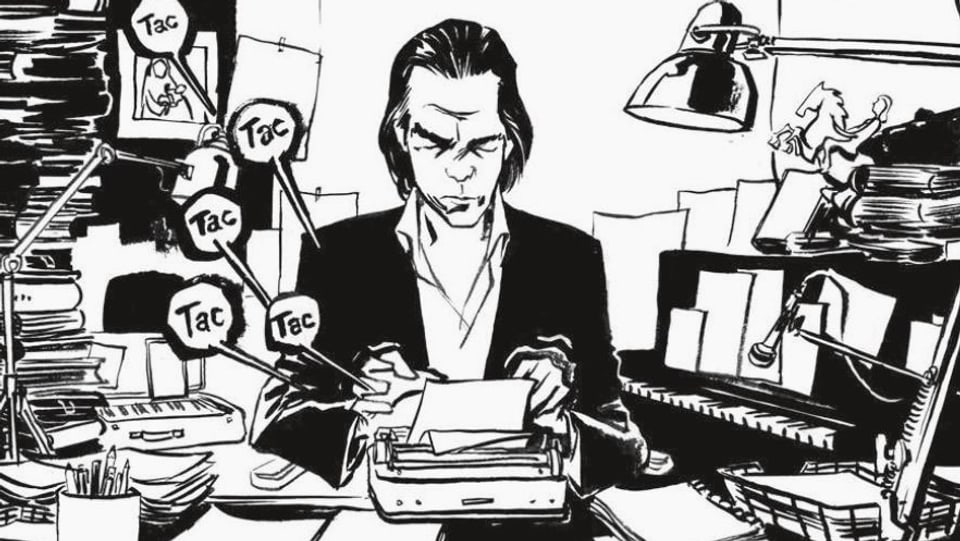 Comic: Nick Cave arbeitet in einem vollgestopften Büro an einer Schreibmaschine.