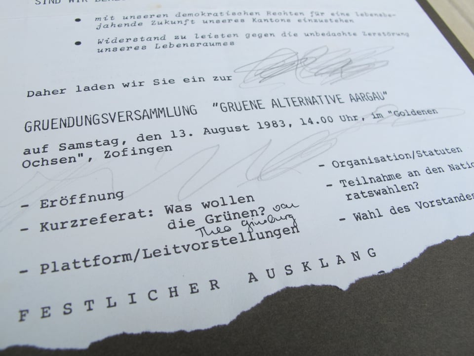 Einladungsschreiben von 1983 zur Gründungsversammlung der Grünen.