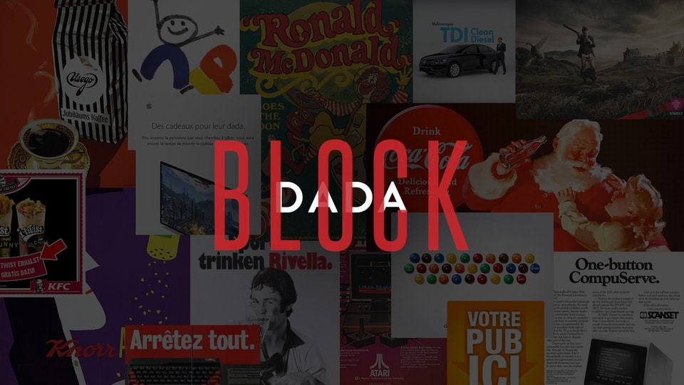 Ein Screenshot der Webseite dada-data.net zeigt die Wörter Dada und Block. Im Hintergrund eine Collage.