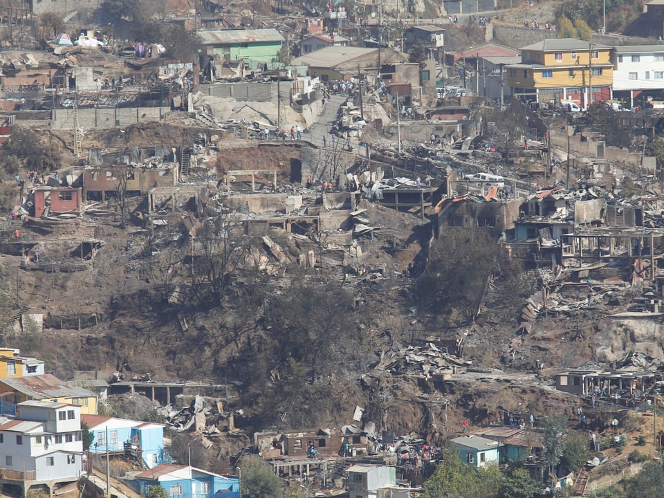 Blick auf einen Hügel mit zahlreichen verbrannten Häusern.