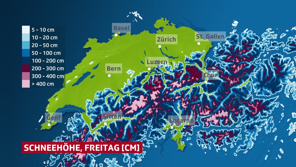 Eine Schweizkarte zeigt die Schneehöhen-Verteilung in den Alpen.