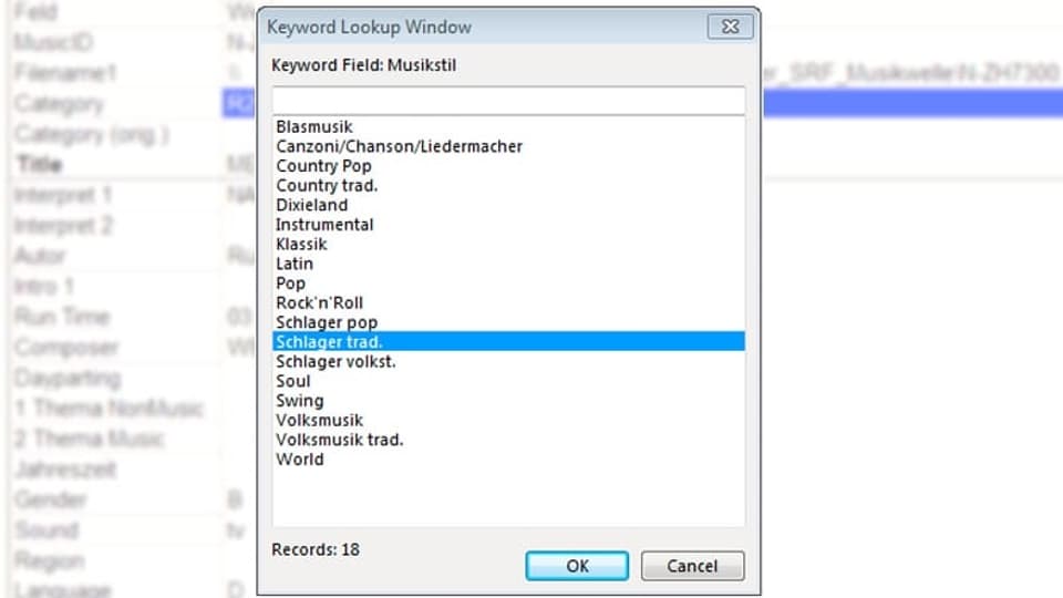 … sowie Albumtitel, Erscheinungsdatum. Ausserdem ist jedem Musikstück einer von 18 Musikstilen zuzuordnen.