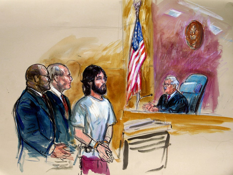 Zeichnung eines Mannes vor Gericht