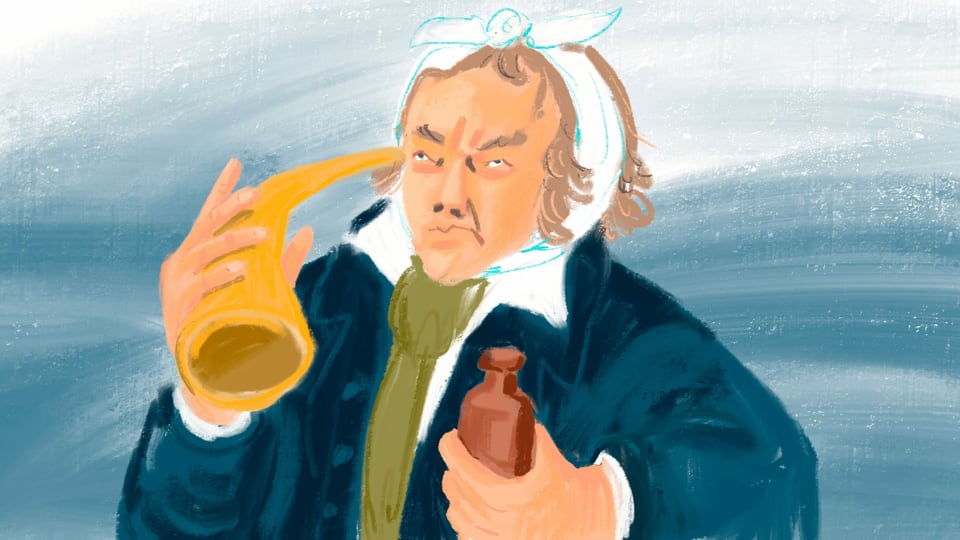 Illustration: wütend aussehender Mann mit Verband um den Kopf, einem Hörrohr und einer Medizinflasche