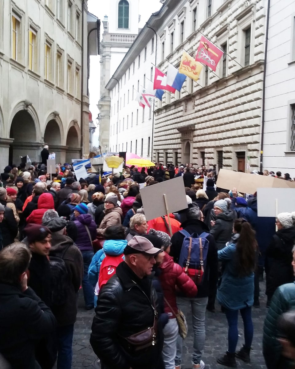 Eine Schar von Demonstrierenden steht vor dem Luzerner Regierungsgebäude.