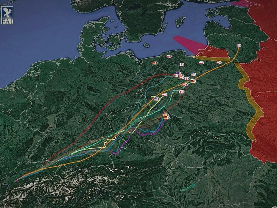 Auf einer Karte sind die Flugwege der Gasballon, vom Wettbewerb 2017, eingetragen.