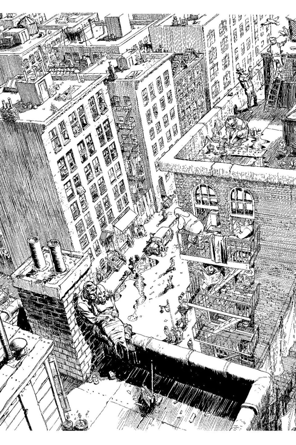 schwarzweiss-Skizze über Hochhaus-Dächern, vorne sitzt ein Paar an Schornstein angelehnt.