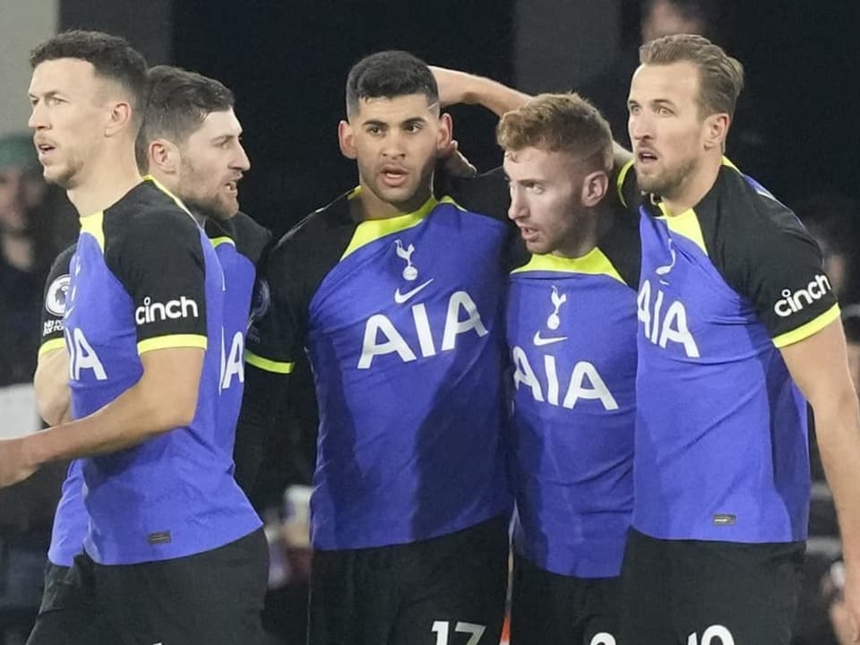 Erzielte seinen 16. Saisontreffer Harry Kane wird nach seinem Treffer gegen Fulham von seinen Teamkollegen beglückwünscht.