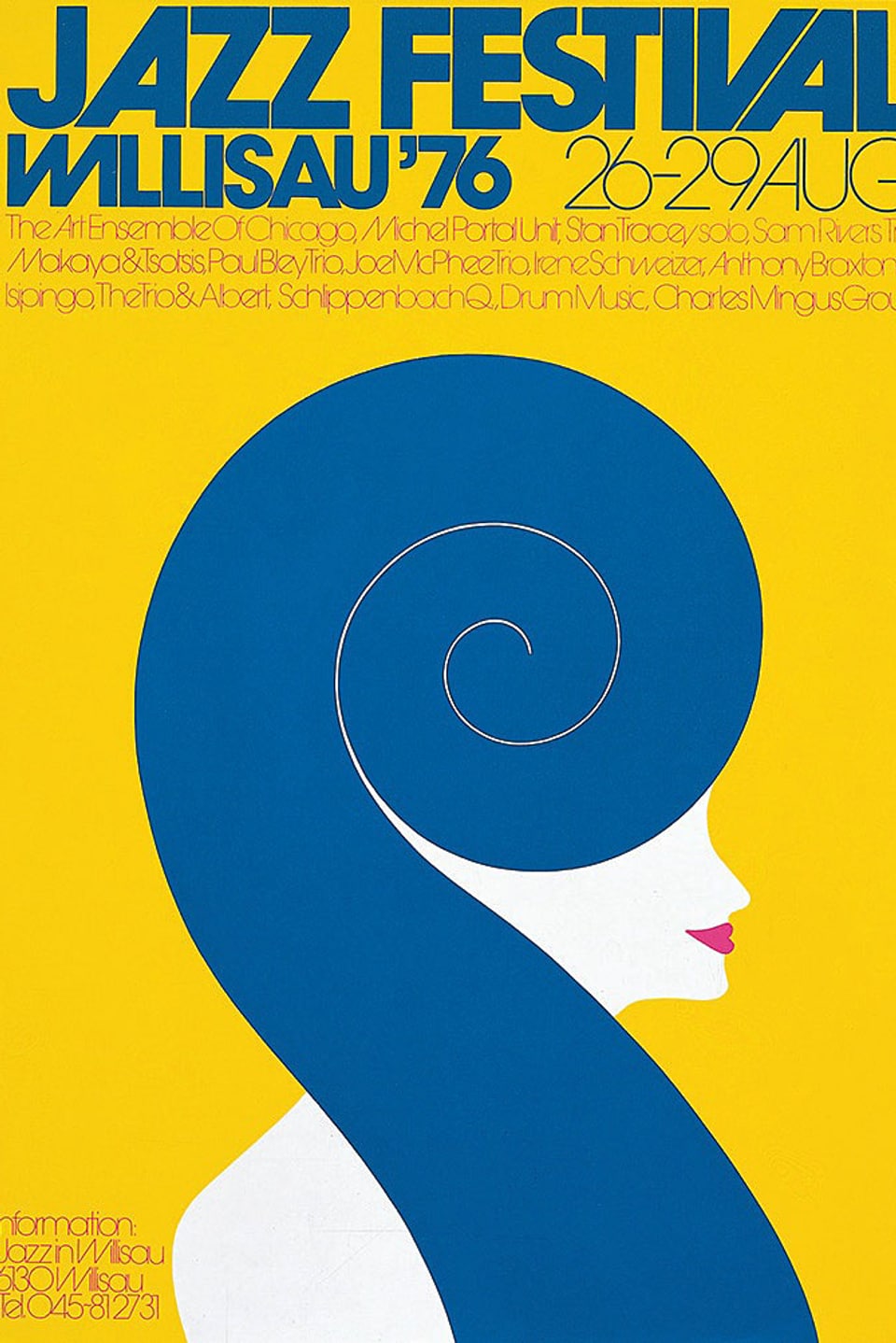 Das Plakat von 1976 zeigt die Zeichnung einer Frau, deren Haare wie die Schnecke eines Saiteninstrumentes verlaufen.