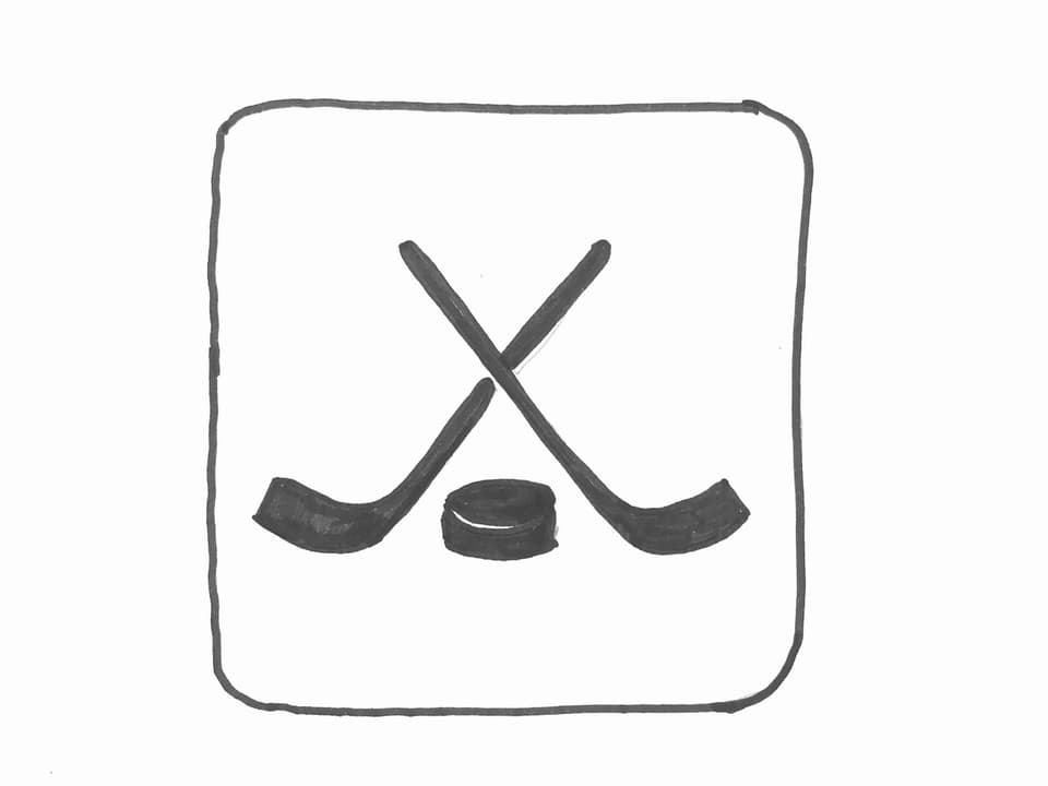 Grafik mit zwei gekreuzten Eishockeyschlägern über einem Puck. 