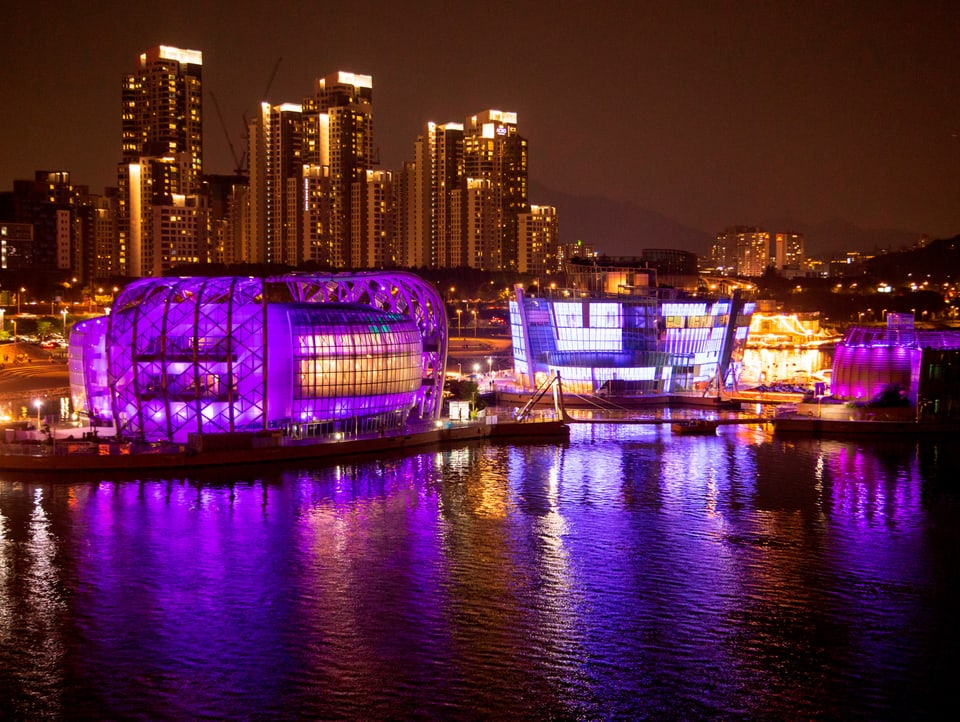 Wasser, dahinter Hochhäuser und grosse Gebäude, die vorderen sind im Dunkeln violett beleuchtet.