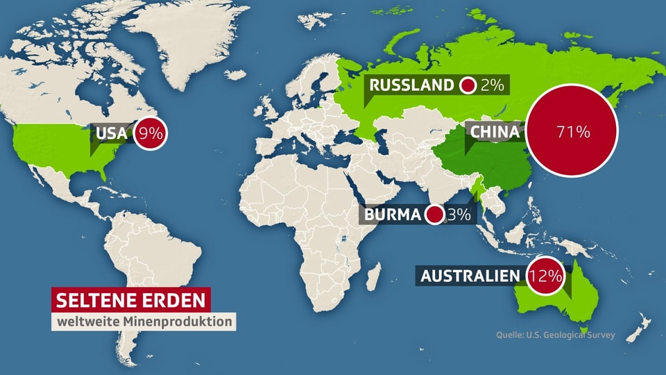 Eine Weltkarte. Die Länder, die seltene Erden produzieren, sind grün markiert.