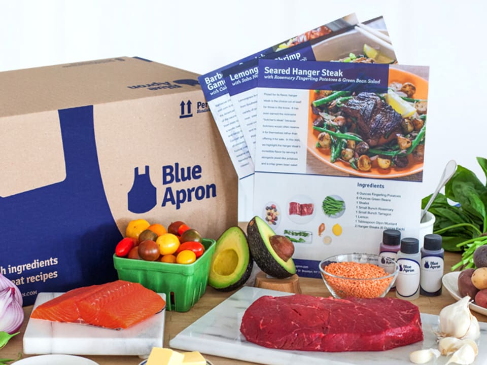 Tisch mit rohen Fleisch, Gemüse. Im Hintergrund ein Rezept und eine Schachtel mit der Aufschrift "Blue Apron"