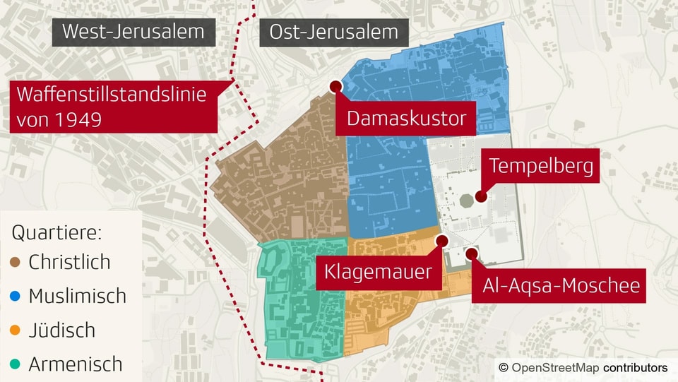 Karte der Altstadt von Jerusalem mit dem Damaskustor (Norden) und der Al-Aqsa-Moschee (Südosten).
