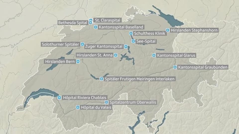 Schweizer Karte mit Spitälern eingezeichnet