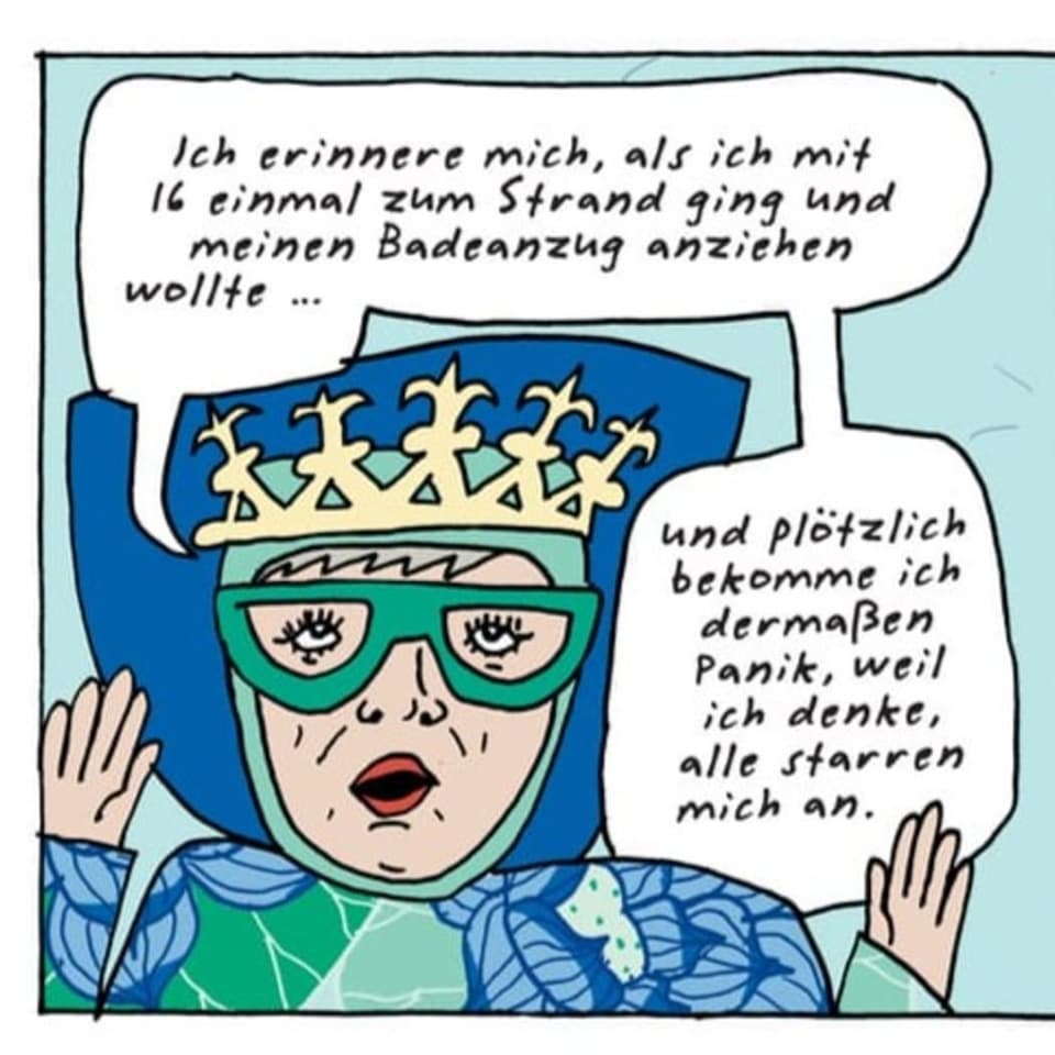 Comic: Ältere Frau im Königinnenoutfit spricht darüber, wie sich mit 16 für ihren Körper schämte