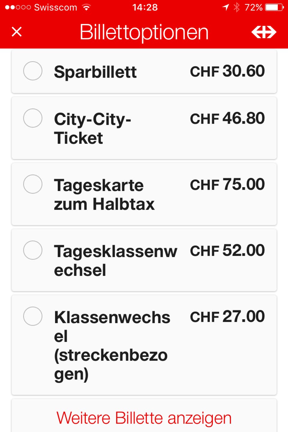 Foto eines Bildschirmes mit verschiedenen Bahn-Ticketpreisen.