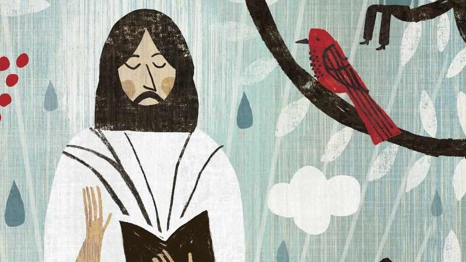 Grafik: Jesus liest aus der Bibel, ein Vogel blickt ihm zu.
