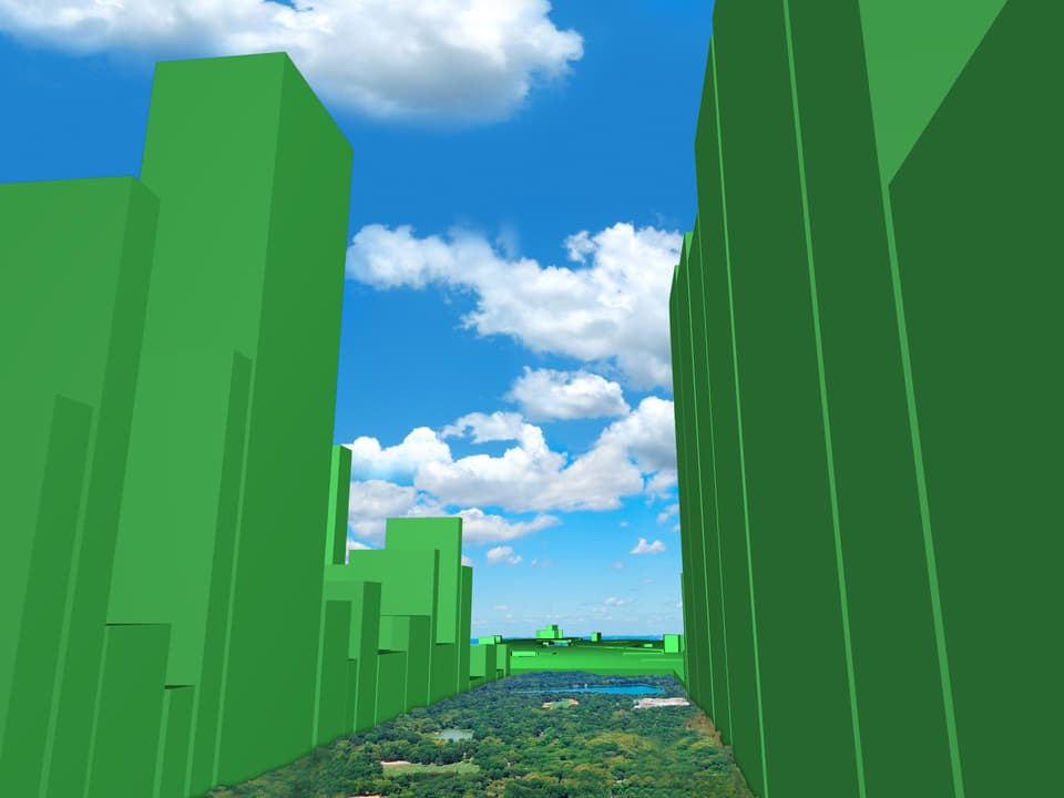 Eine digitale Skyline um den Central Park, New York, zeigt in grüner Farbe an, wie ungleich der Wohlstand in der jeweiligen Region verteilt ist.