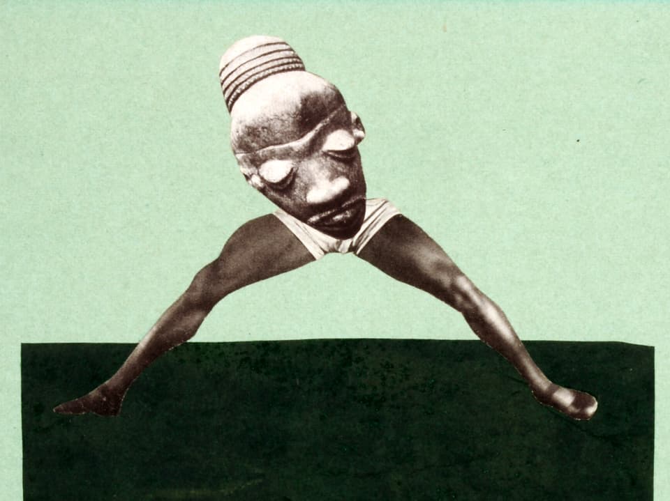 Collage aus muskulösen Boxerbeinen und einer afrikanischen Maske.