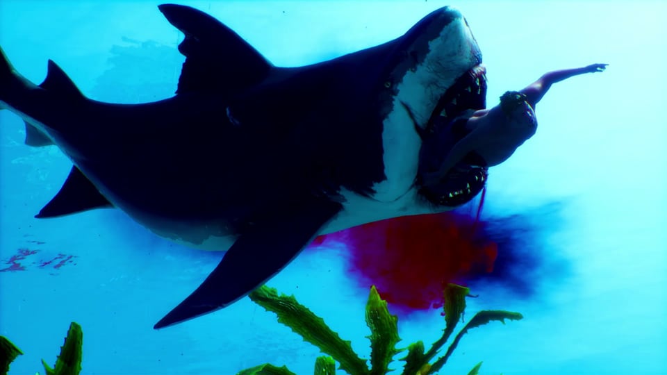 Ein Hai frisst gerade einen Menschen, während das Wasser sich rot färbt.