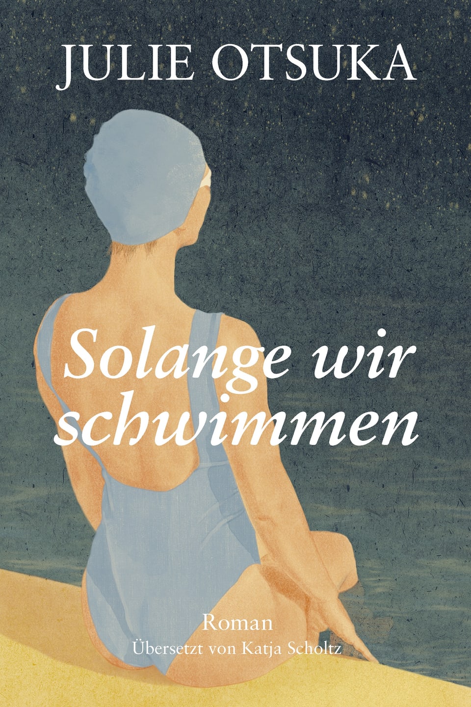 Book cover of a novel. Pictured is a woman from behind in a swimsuit and a bathing cap.