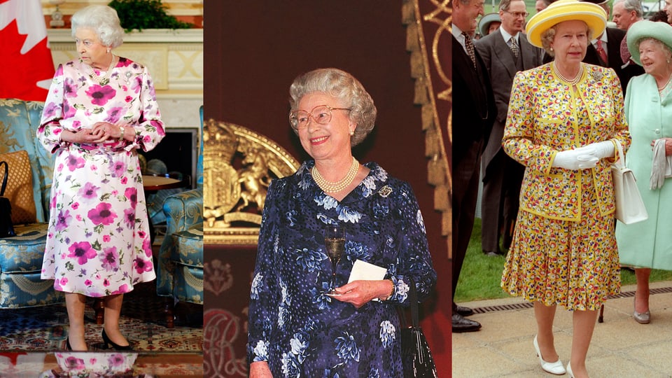 Collage aus drei Bildern auf denen die Queen jeweils in einem geblümten Kleid oder Kostüm zu sehen ist.