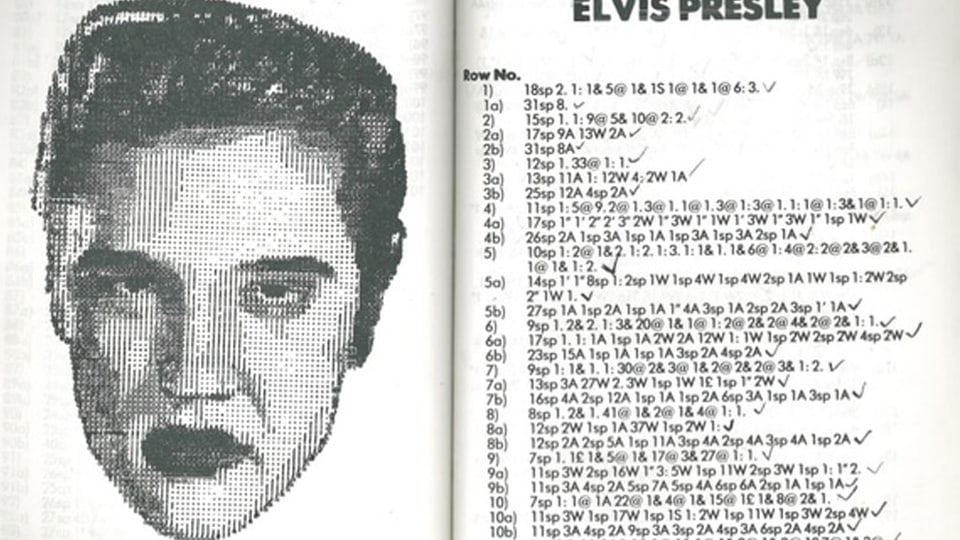 Links ein Kopf von Elvis Presley, rechts eine Liste von Zahlen und Ziffern.