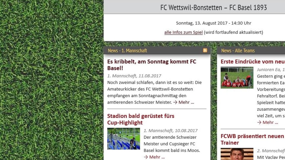 Internetseite des FC Wettswil, «es kribbelt, am Sonntag kommt FC Basel!»