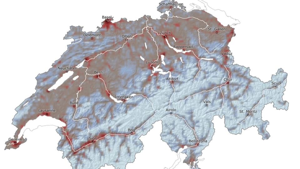 Gefahrenkarte Erdbeben Schweiz, versehen mit einer Skala die von 0 (=hellblau) bis 1 (=rot) geht