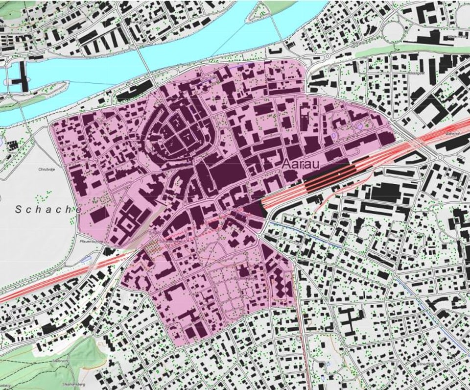 Karte mit rot markierter Aarauer Innenstadt und Schachen