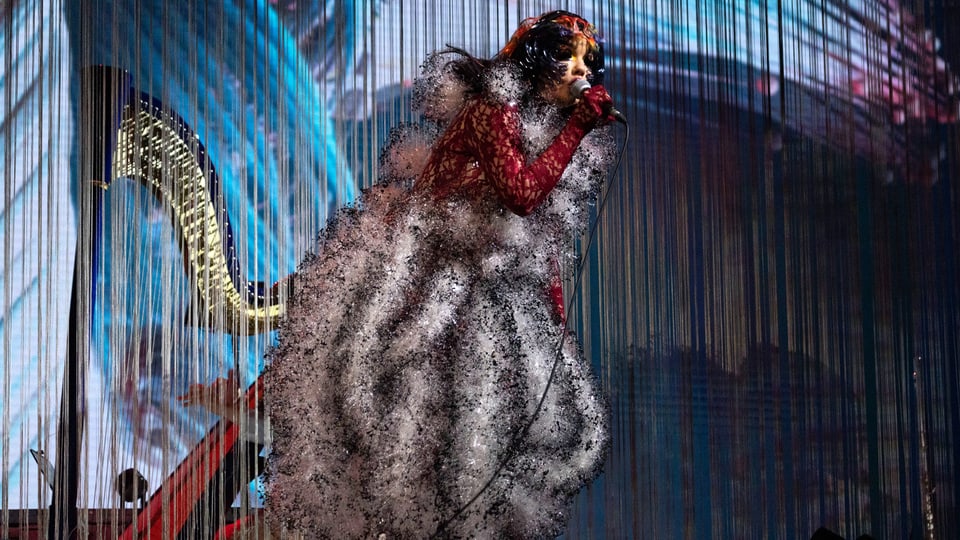 Die Sängerin Björk in einem ausgefallenen Kostüm