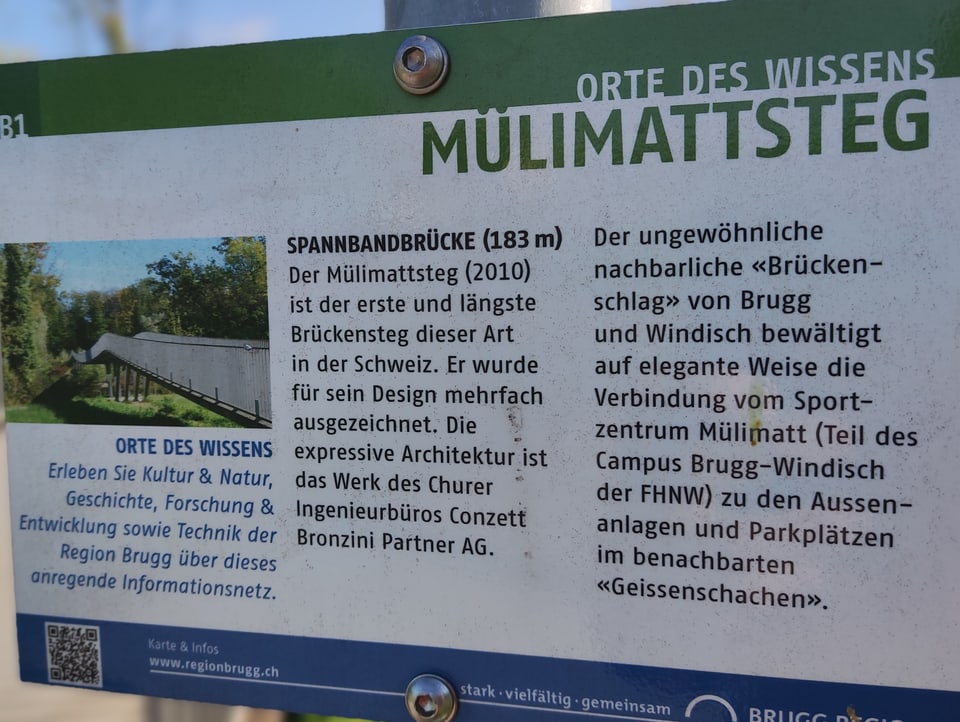 Schild mit Informationen zu Müllimattsteg in Brugg.