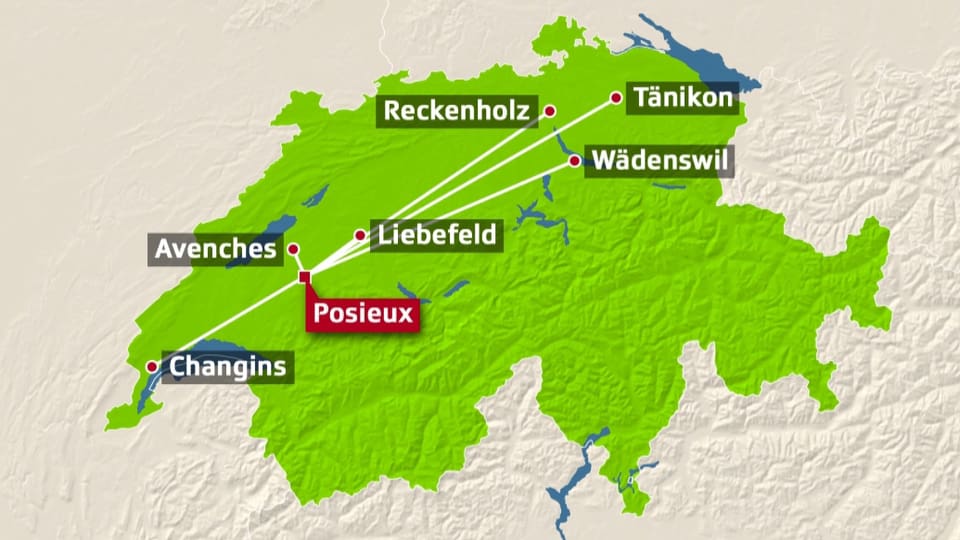 Schweizer Karte mit den sieben Agroscope-Forschungsstandorten.