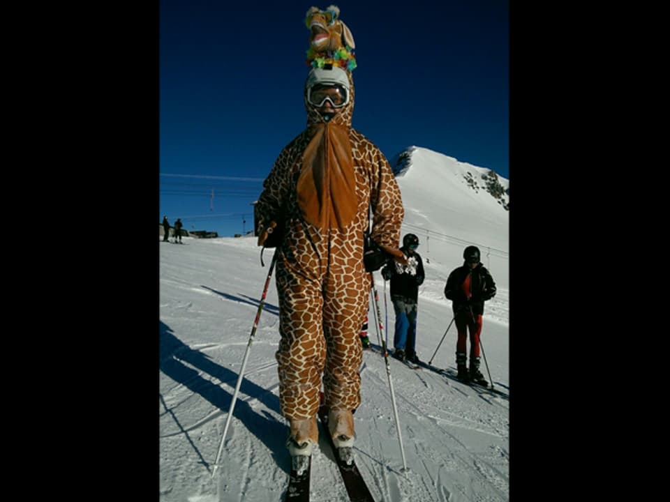 Im Giraffenkostüm auf Ski.