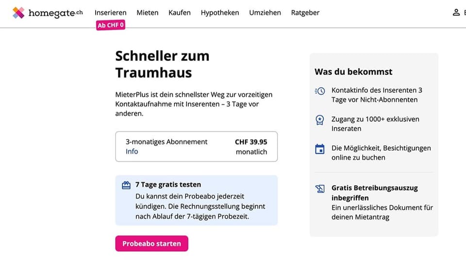 Printscreen der Seite Homegate.ch mit Angebot