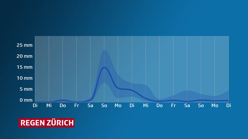 Eine Grafik zeigt den Niederschlagsverlauf in Zürich. Zwischen Samstag und Dienstag liegt die Kurve jeweils über 5 Millimeter Regen pro Tag.