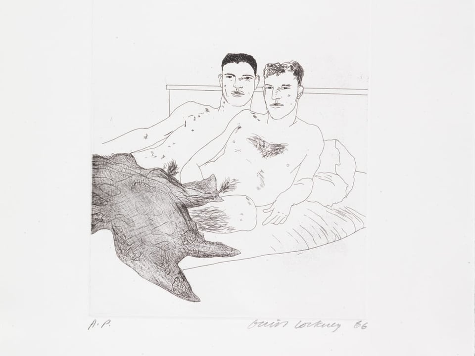 Illustration: Zwei nackte Männer liegen nebeneinander in einem Bett