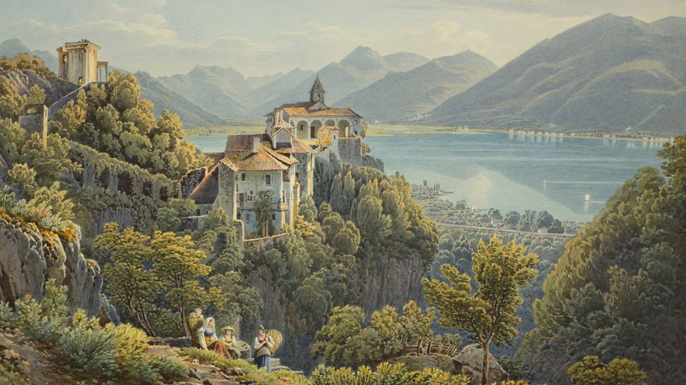 Aquarell von Mathias Gabriel Lory: Blick auf Madonna del Sasso oberhalb von Locarno.
