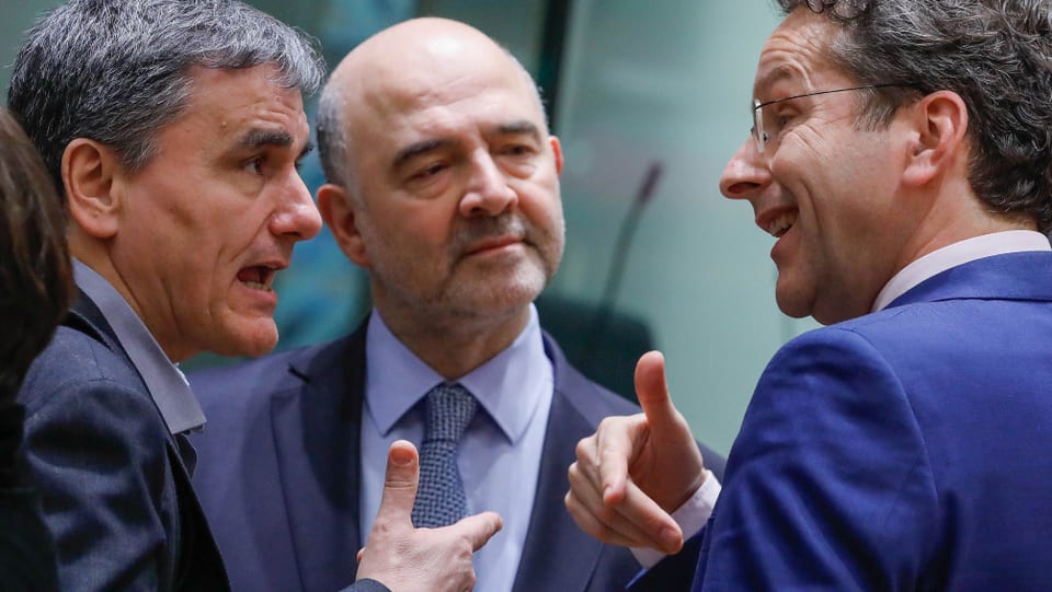 Euclid Tsakalotos (L), Pierre Moscovici und Jeroen Dijsselbloem (20. März).