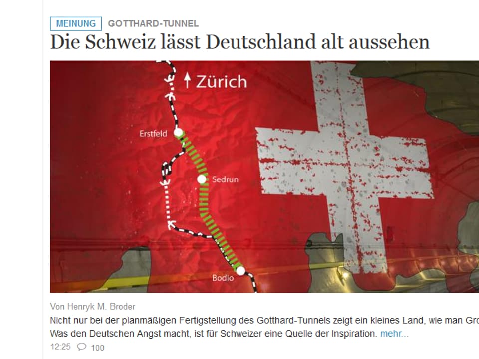 Eine Bildschirmausschnitt. Ein Schweizerkreuz ist zu erkennen, dazu klein Schrift und die skizzierte Bahnstrecke am Gotthard.