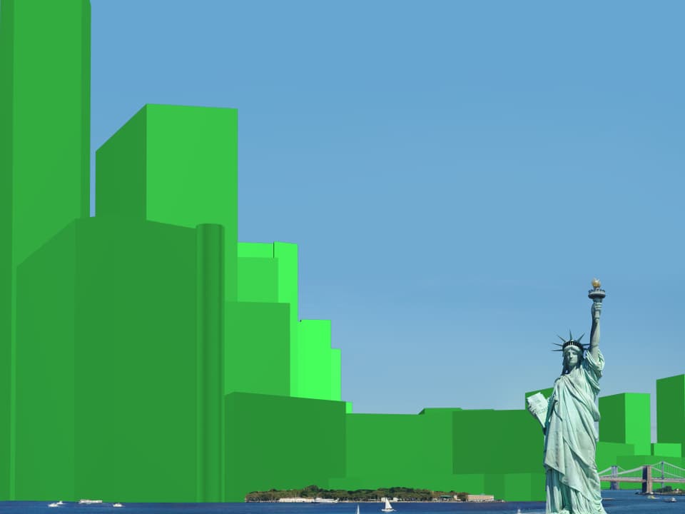 Eine digitale Skyline über dem Finanzviertel von New York, zeigt in grüner Farbe an, wie ungleich der Wohlstand in der jeweiligen Region verteilt ist.