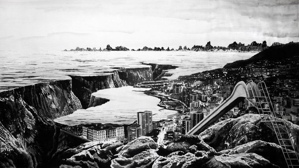 Schwarzweiss-Zeichnung: Aufsicht auf eine moderne Stadt am Meeresufer. Direkt vor der Küste öffnet sich im Meer ein tiefer Graben. Im Vordergrund ist eine Rutschbahn zu sehen.